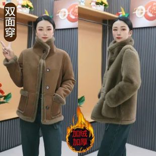 皮毛一体外套女2024新款 秋冬今年流行独特加绒加厚棉服 爆款