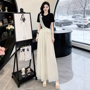 独特漂亮一整套夏装 两件套女 高级感气质显瘦小众上衣雪纺阔腿裙裤