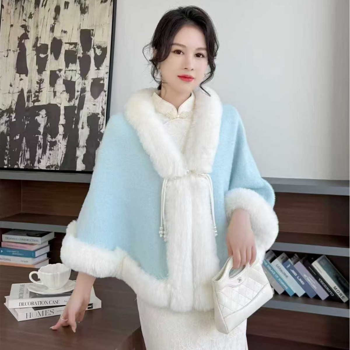 秋冬国风马卡龙色旗袍汉服外搭披肩加厚毛领针织外套保暖小斗篷