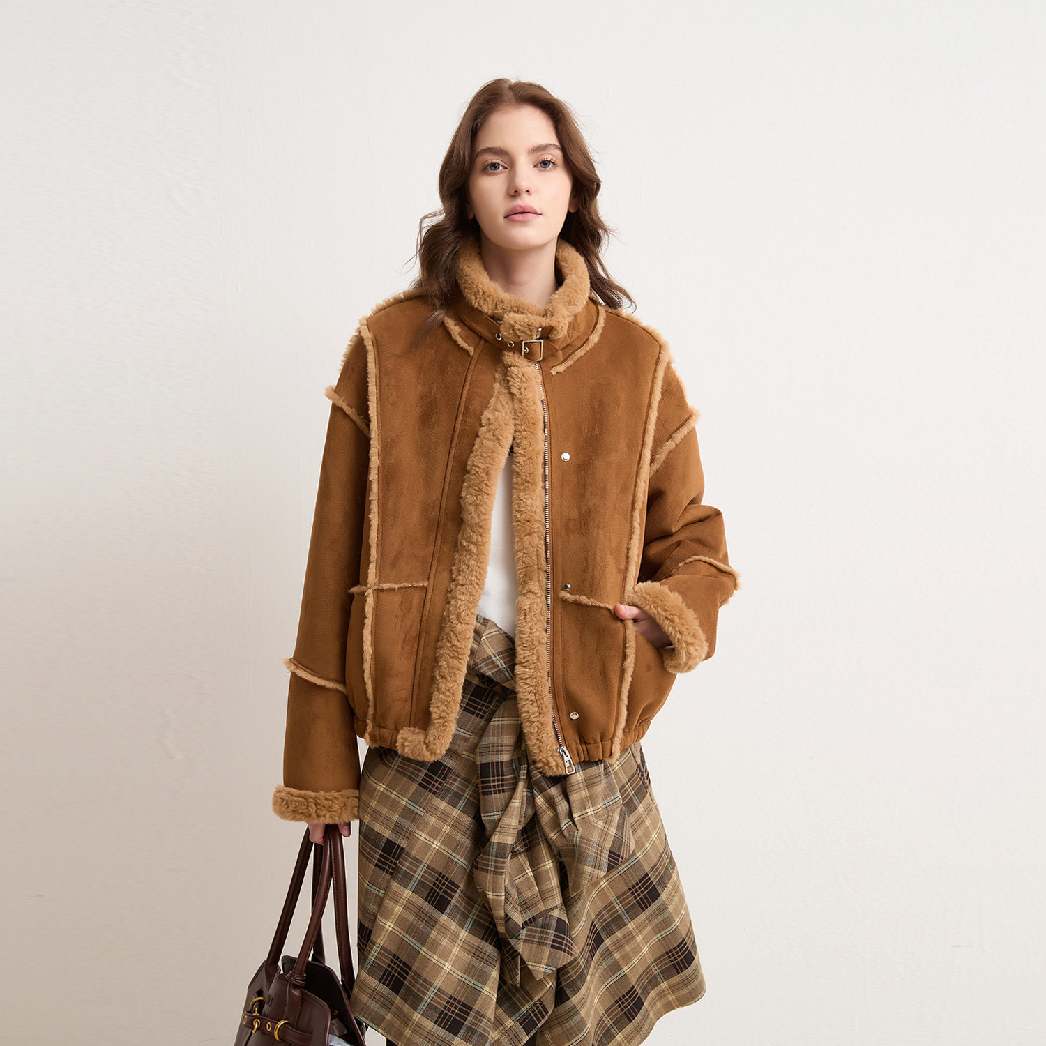 环保仿羊羔毛皮毛一体立领夹克加绒加厚毛毛外套女短款秋冬机车服