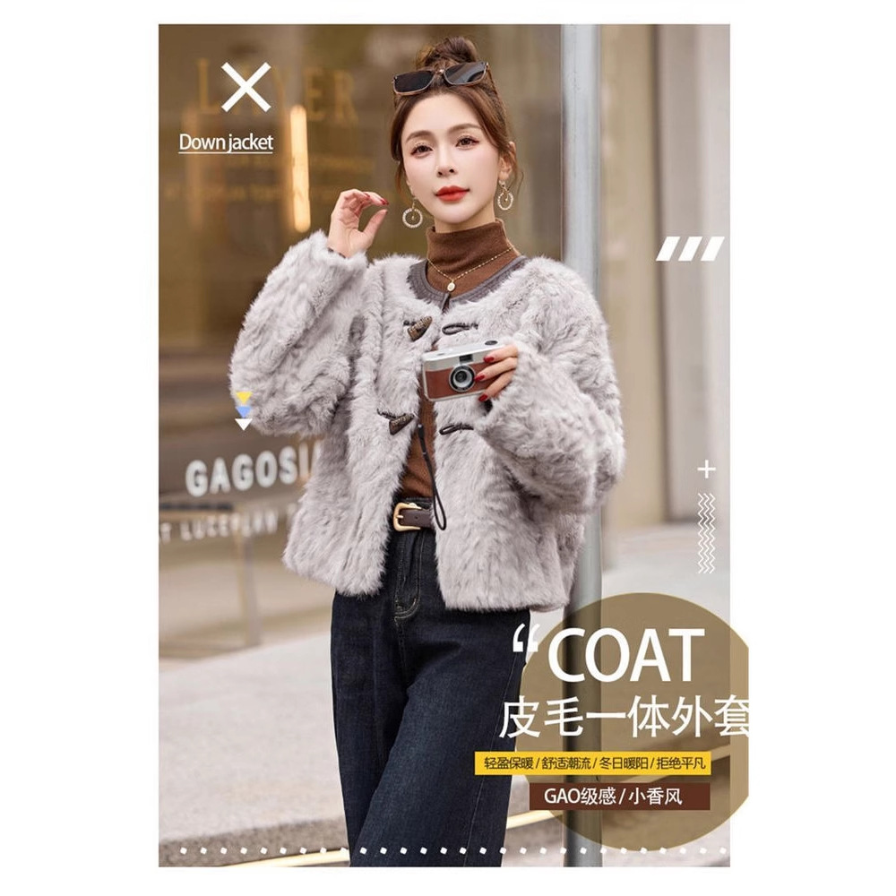 秋冬季皮草外套女2025新款马蹄袖圆领百搭皮毛一体小个子时尚短款