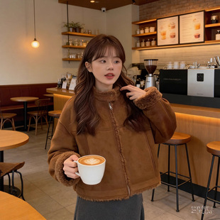 韩系简约仿羊羔毛皮毛一体外套短款小个子立领鹿皮绒夹克上衣ins