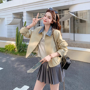 韩系撞色翻领短款皮衣外套女春秋2026新款炸街超火小个子夹克上衣