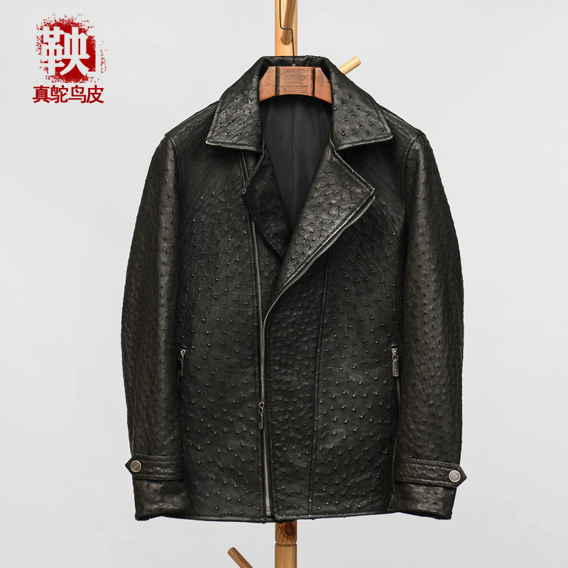鞅鸵鸟皮皮衣海宁斜拉链机车款定制奢侈皮衣真皮男外套短款皮夹克
