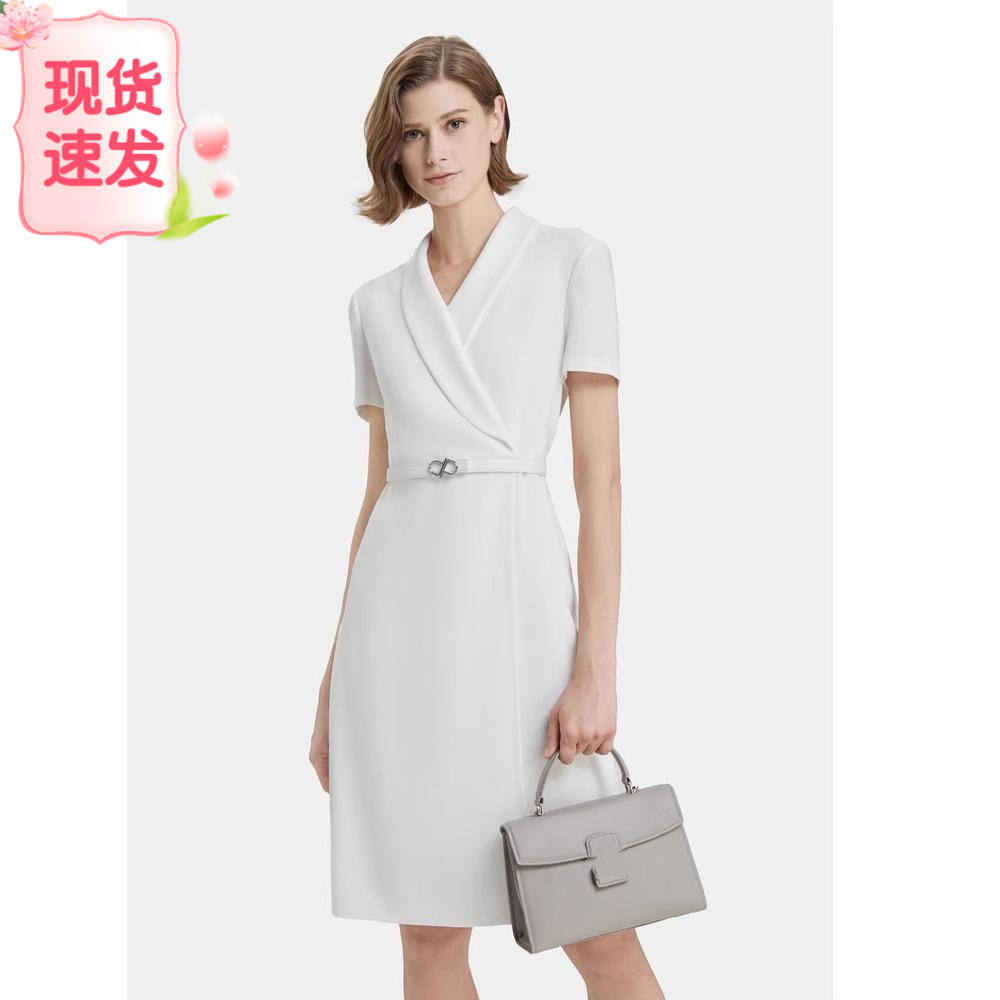2023春夏季新款宝姿伶女装白色西装领OL商务通勤短袖职业连衣裙