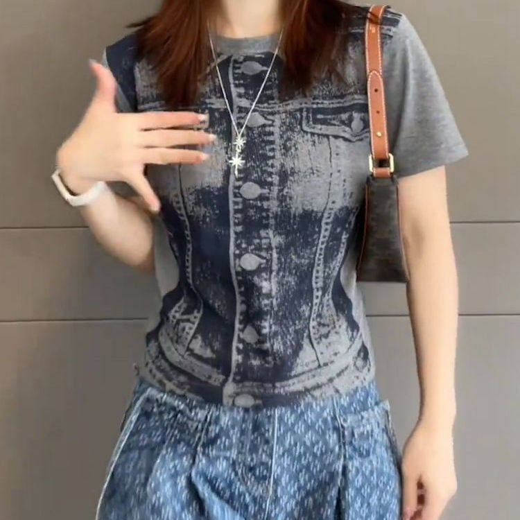 复古牛仔印花短袖T女夏季新款