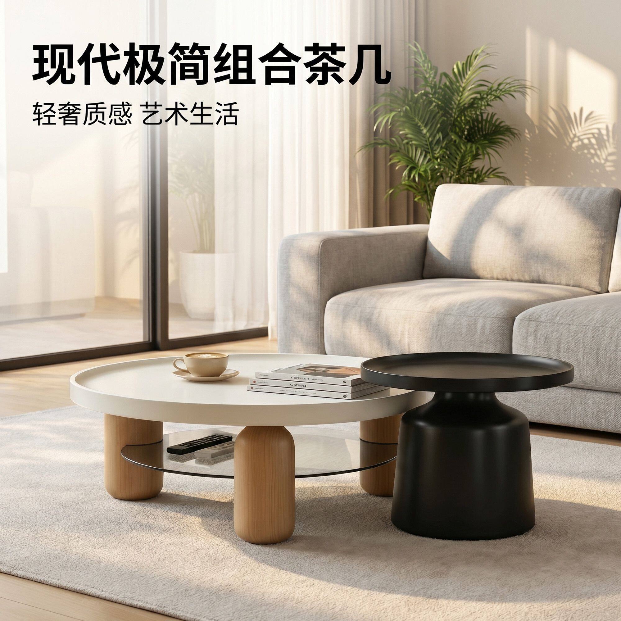 法式奶油风马卡龙茶几客厅家用简约仿蜡木脚网红圆形茶几