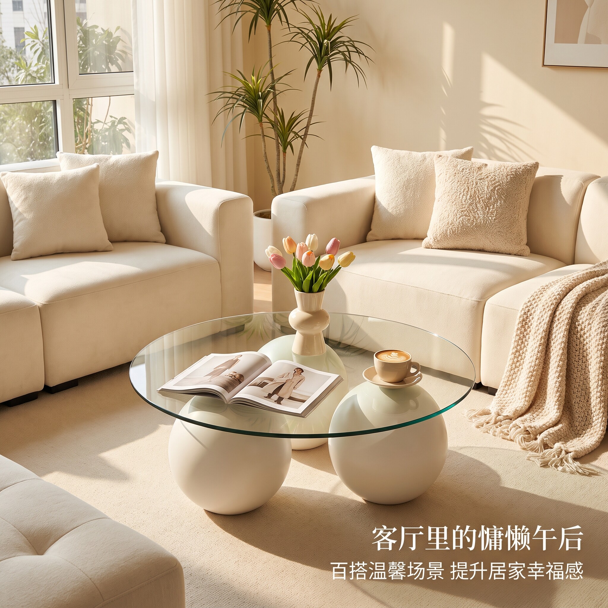 奶油风圆形钢化玻璃小户型茶几