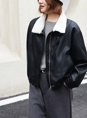 25秋冬复古美拉德加绒立领短皮衣外套女美式机车羊羔毛夹克29023