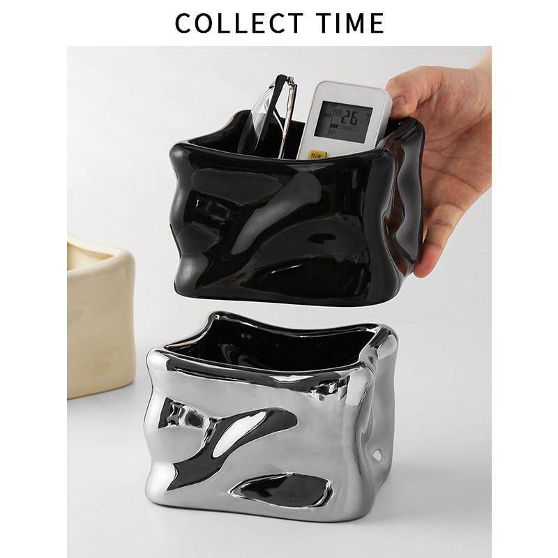 新疆包邮桌面遥控器陶瓷收纳盒创意文具办公室杂物收纳桶筒客厅茶