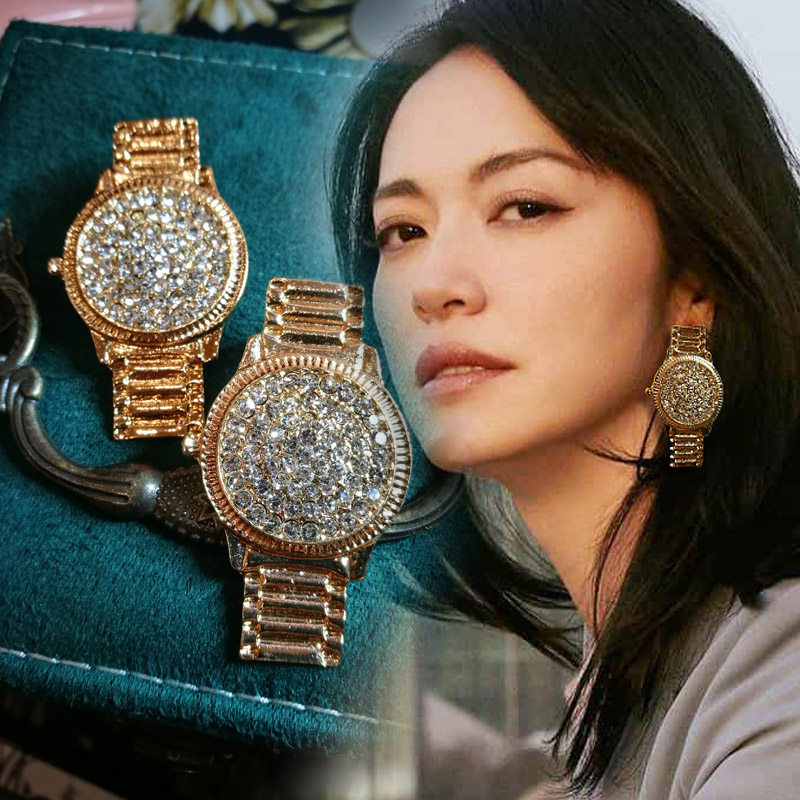 日韩欧美夸张大金表时尚耳钉纯银针独特闪亮水钻镶嵌国际范防过敏