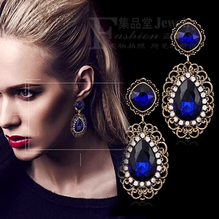 日韩欧美时尚耳钉饰品蓝水晶宝石镶嵌复古超闪水钻高贵925银防敏
