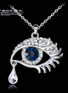 日韩水晶蓝宝石天使泪滴眼睛项链