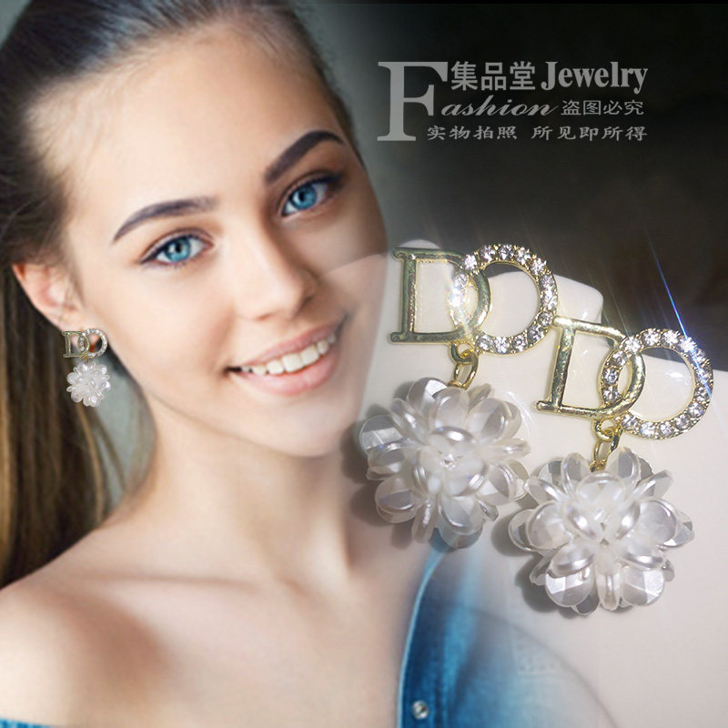 日韩精工人造珍珠爆米花字母DO925纯银针防过敏独特耳钉闪亮水钻