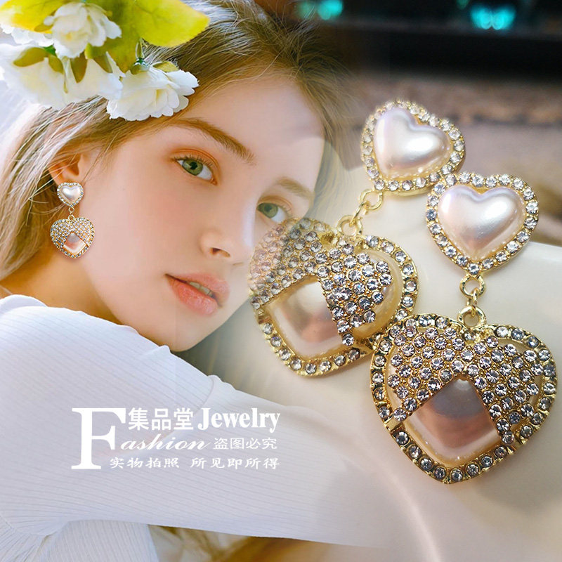 日韩闪亮高级爱心夸张水钻珍珠元素水滴耳环耳钉925银针网红主播