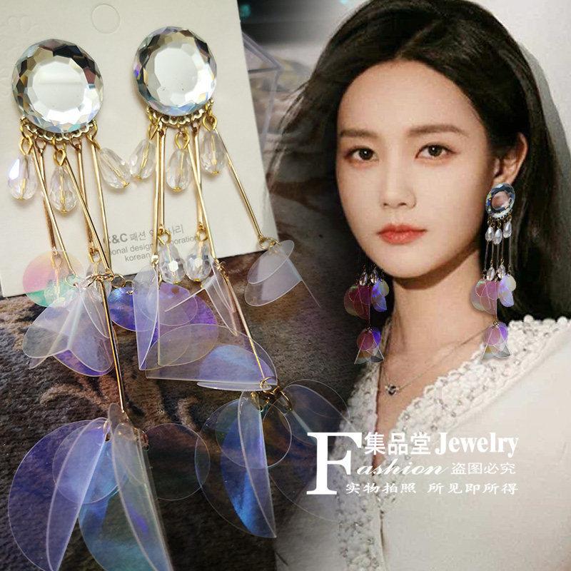 日韩欧美性感夸张亮片炫彩流苏水晶大宝石镶嵌耳环925纯银针独家