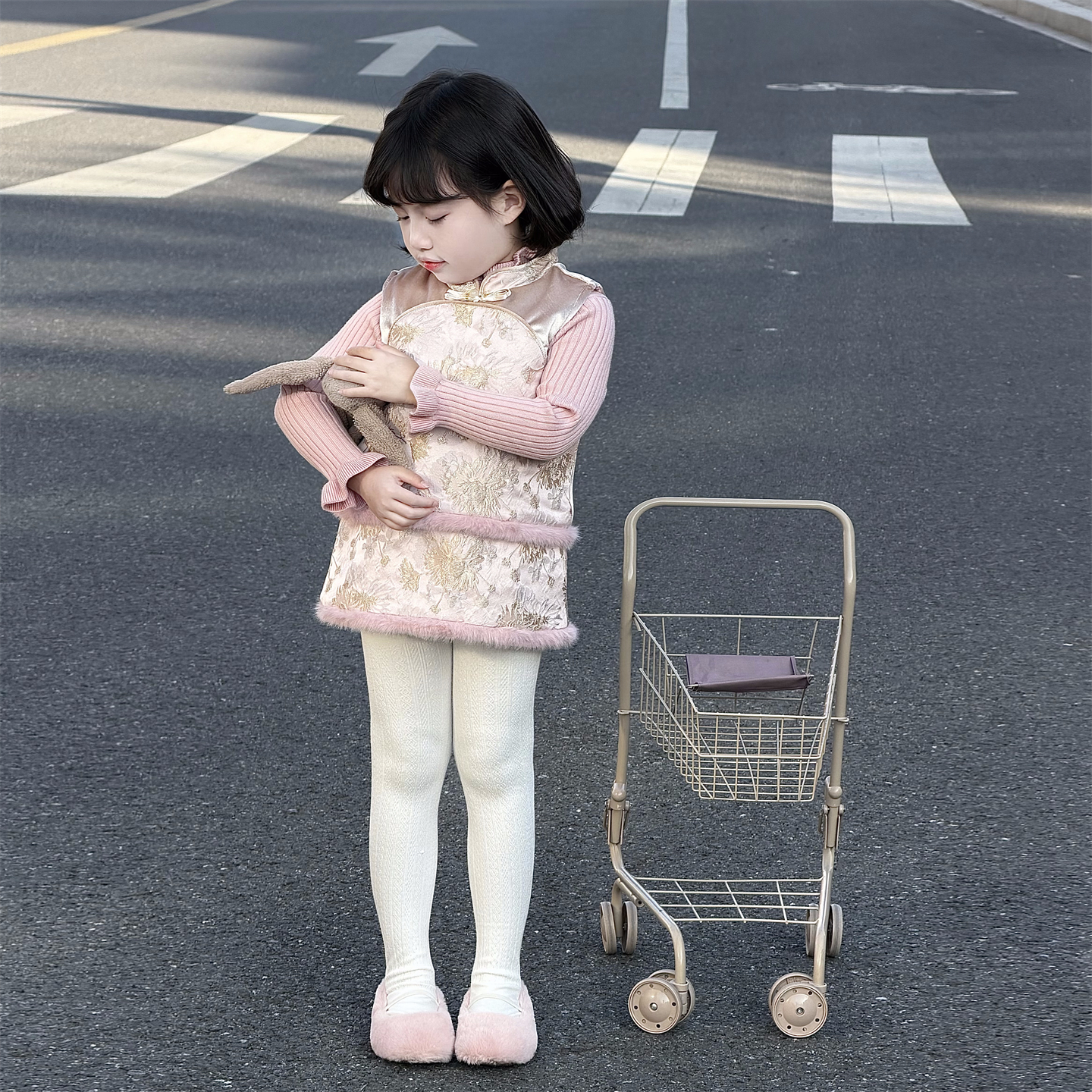 WONIU粉粉女童新中式旗袍儿童中国风夹棉加厚马甲半身裙两件套冬