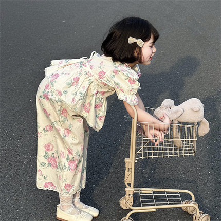 WONIU很美不热~女童韩版花朵蕾丝套装女宝宝泡泡袖上衣直筒裤夏季