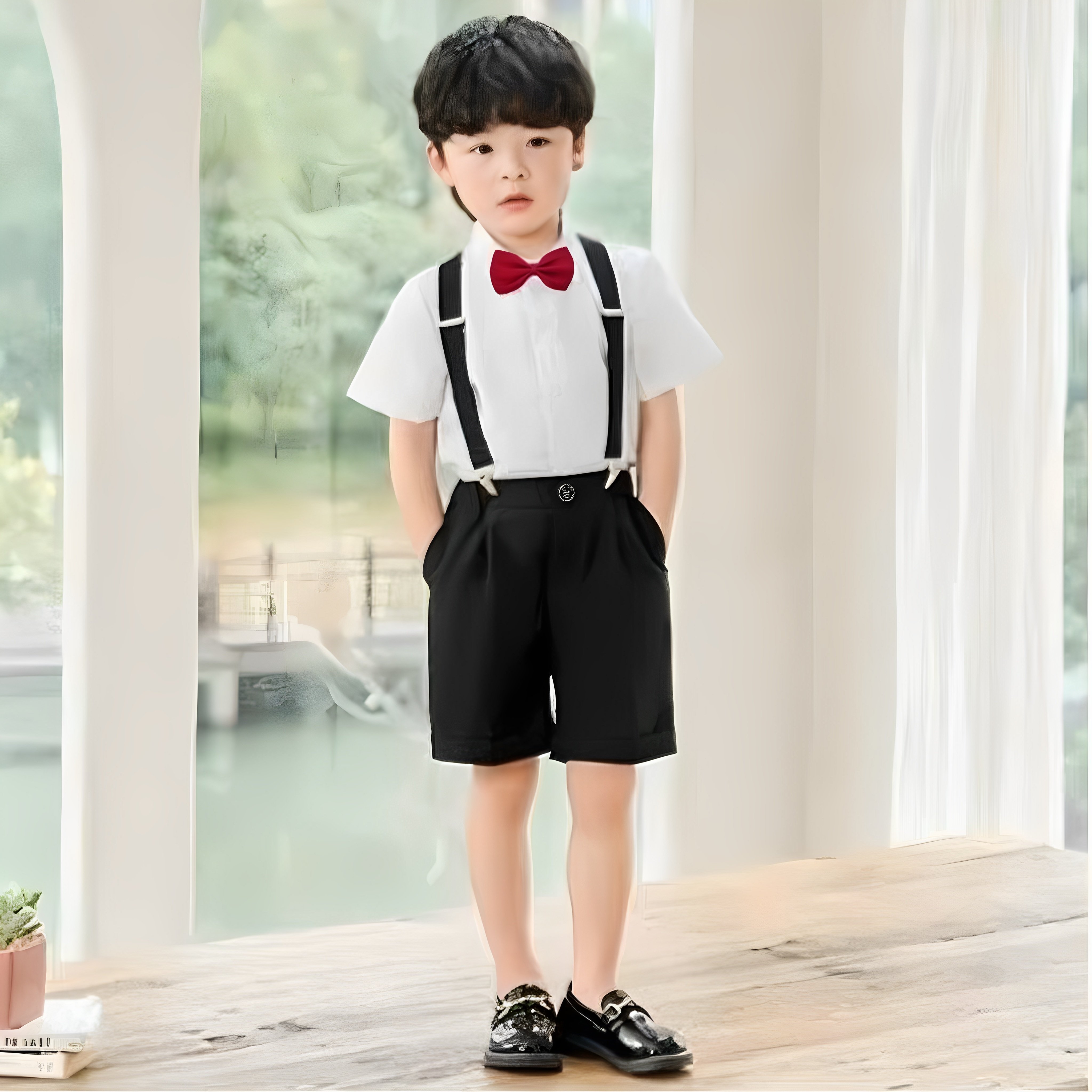 儿童表演服夏季六一演出服男童小主持人礼服衬衣背带裤套装两件套
