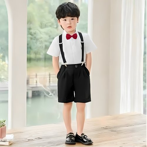 儿童表演服夏季六一演出服男童小主持人礼服衬衣背带裤套装两件套