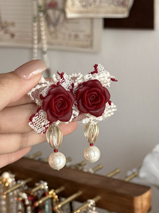 玫瑰特调｜一加一shop原创设计玫瑰蕾丝耳钉法式复古港风耳夹小众