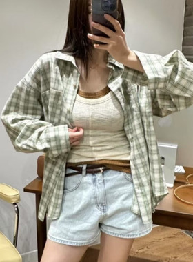 CC-LL韩国东大门代购 春季新款 格纹拼色 翻领宽松时尚长袖衬衫