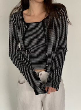 CC-LL韩国东大门代购 春季新款 条纹长袖针织开衫+吊带背心套装