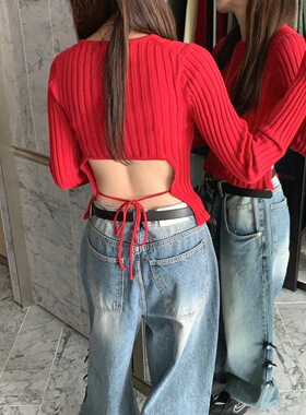 CC-LL韩国东大门代购 秋季新款 露腰系带 圆领时尚纯色显瘦针织衫