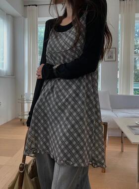 CC-LL韩国东大门代购 秋季新款 格纹吊带叠穿时尚绑带百搭连衣裙