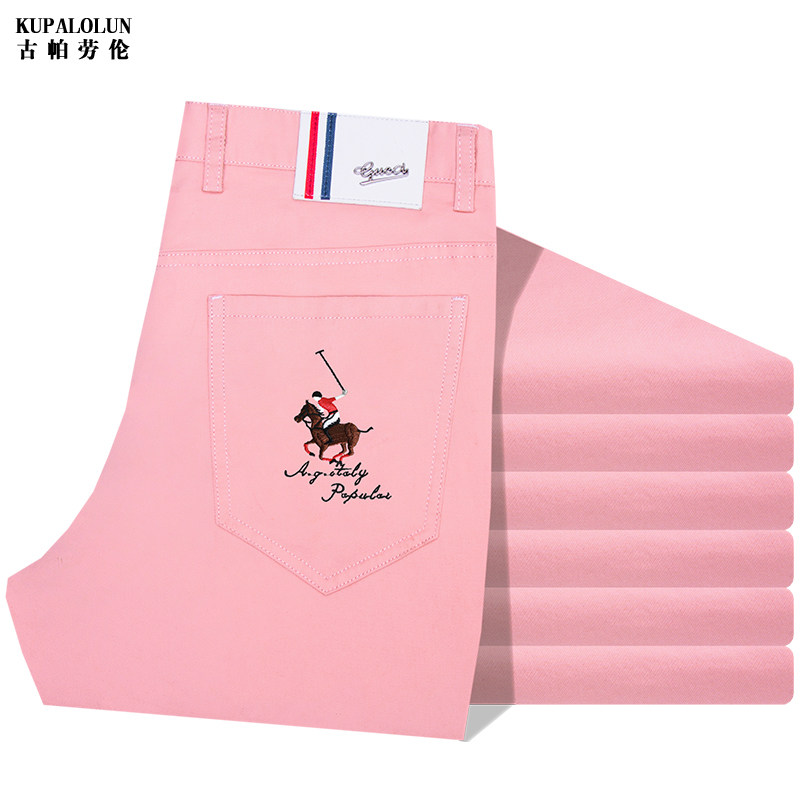 品牌时尚潮流浅粉色休闲裤微弹男青年保罗刺绣中高腰直筒长裤夏季