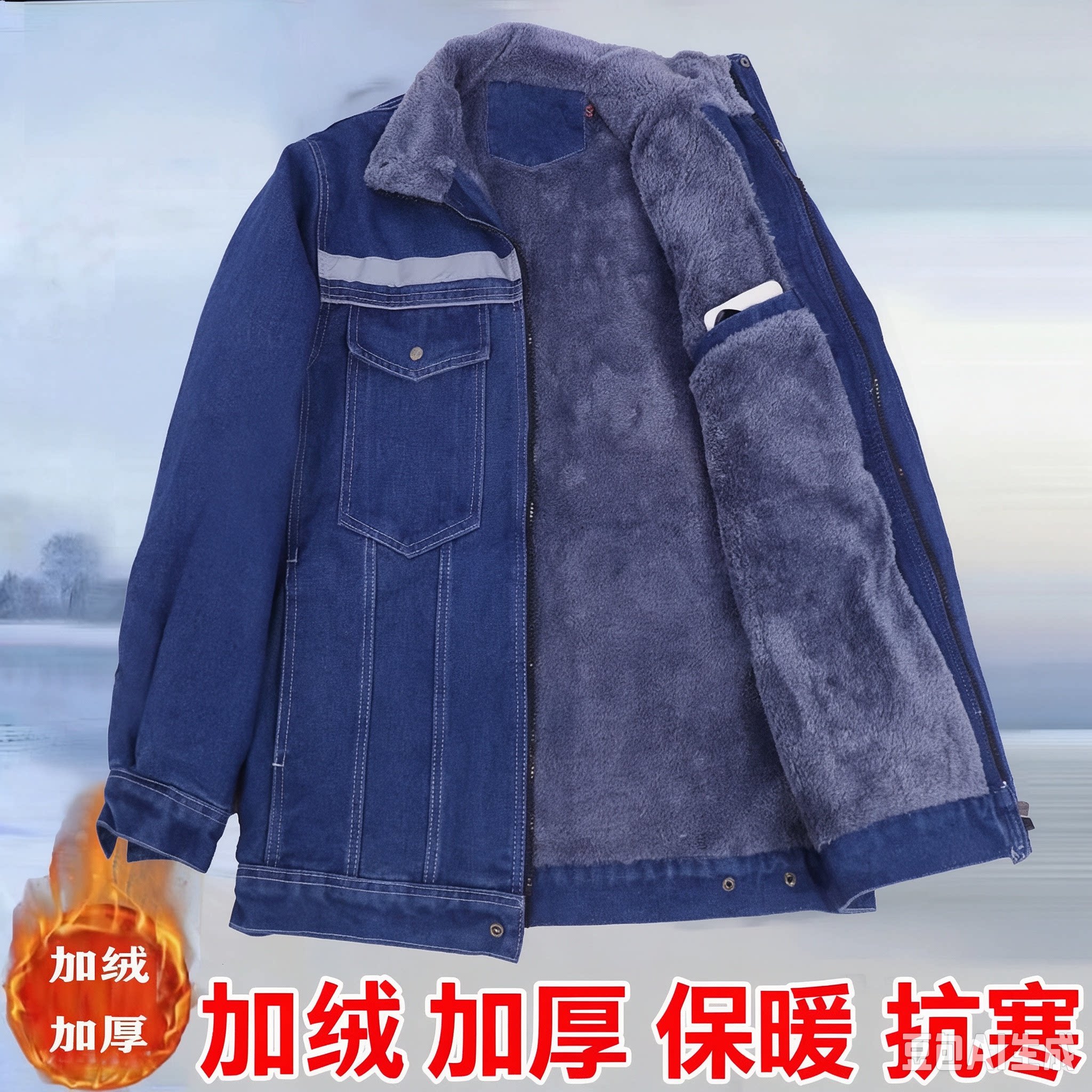 加绒加厚保暖牛仔工作服耐磨防烫工装电工电焊工宽松版劳保服