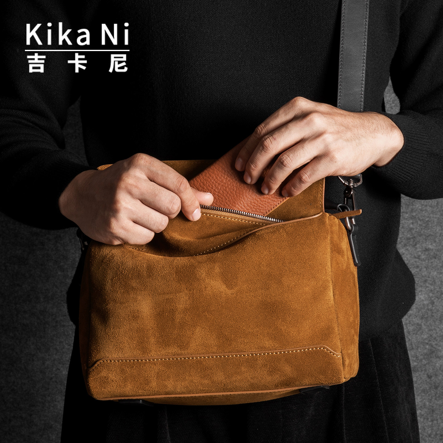 吉卡尼 复古麂皮绒磨砂皮斜挎包男真皮大容量百搭通勤单肩手提包,箱包皮具/热销女包/男包,男士包袋,淘宝优惠券,粉丝福利购,淘宝优惠卷