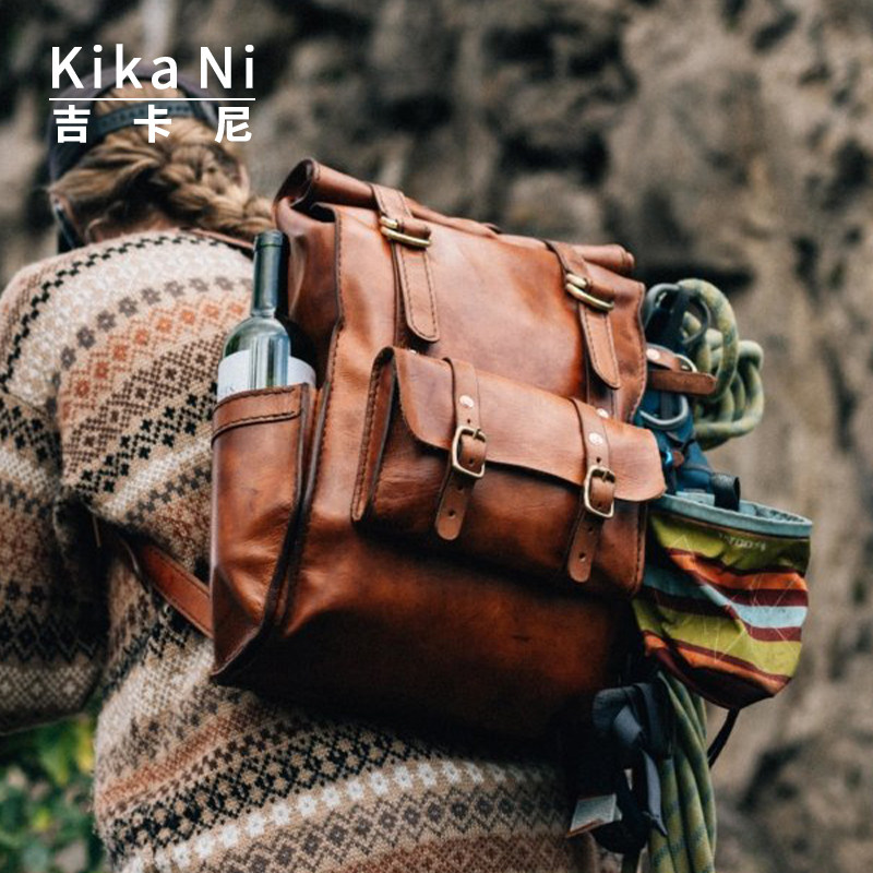 吉卡尼 美式复古手工牛皮背包男士双肩包大容量户外包男式旅行包,箱包皮具/热销女包/男包,双肩背包,淘宝优惠券,粉丝福利购,淘宝优惠卷