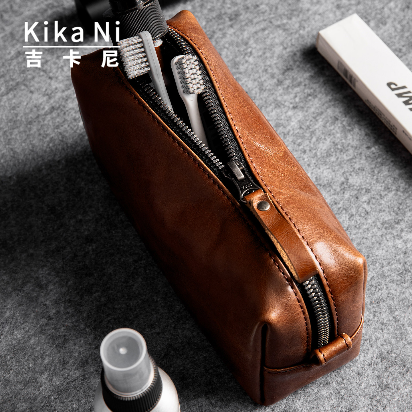 吉卡尼纯手工休闲真皮笔袋男精致大容量化妆收纳包旅行洗漱包便捷