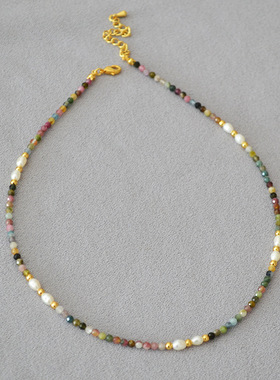 法式小众复古文艺彩色碧玺真石淡水米粒珍珠串珠短款细项链锁骨链