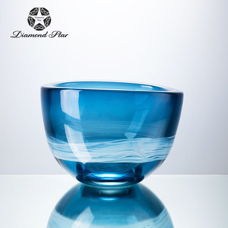 人工吹制玻璃工艺品蓝色大花器玄关客厅家居插花摆件饰品