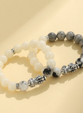 新品999银白菩提貔貅串珠情侣手链男女国潮地图石手串手饰