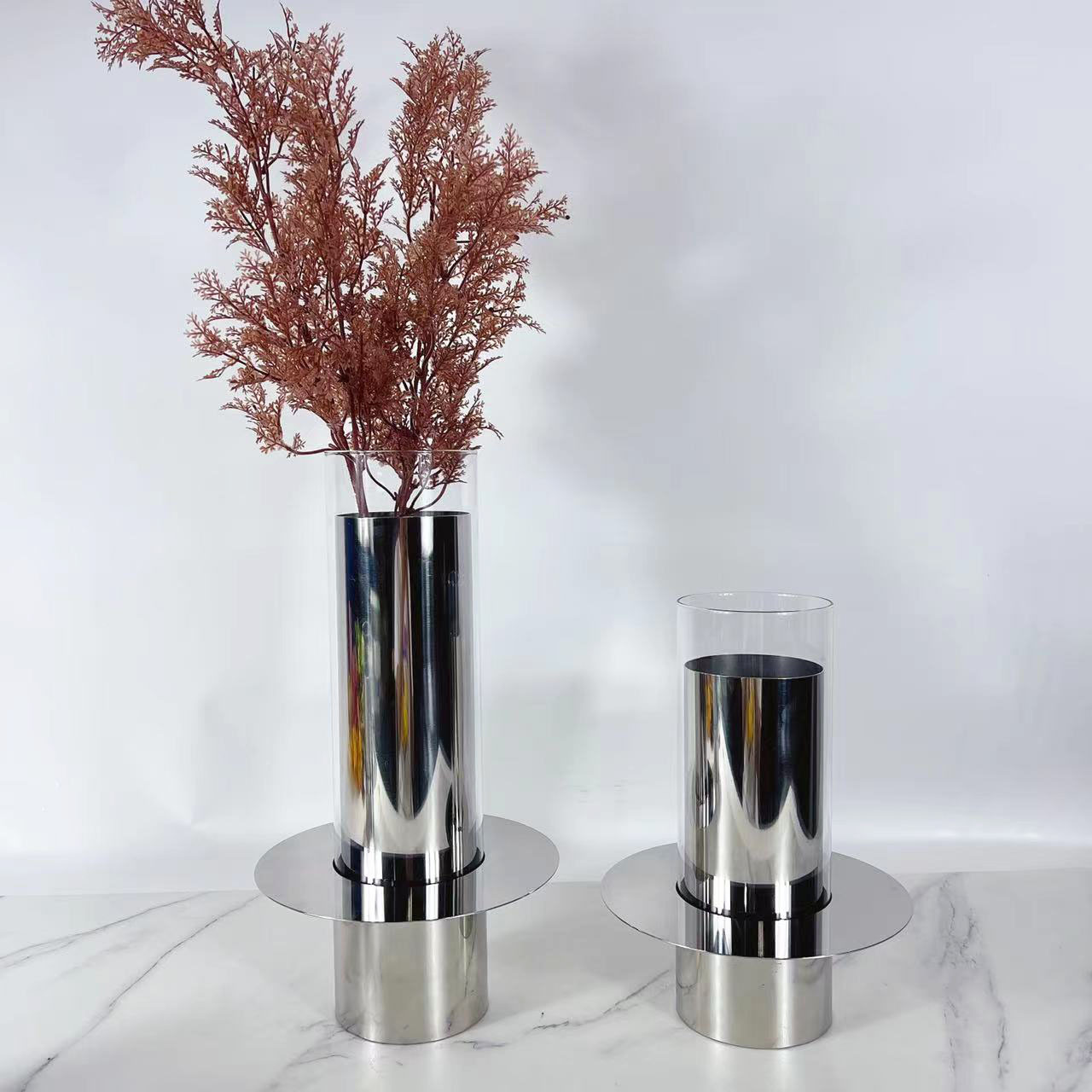 现代简约几何层叠玻璃花器花瓶摆件轻奢样板房售楼处玄关金属饰品