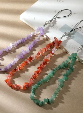 欧美天然水晶手机挂绳 diy串珠石头宝石碎石手机链手腕带