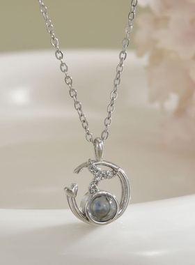 月亮鲸鱼尾100种语言照片投影款项链简约时尚欧美流行吊坠铜