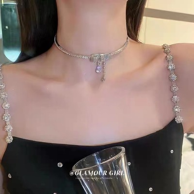 欧美镶钻蝴蝶结项链欧美夸张个性流苏耳坠时尚网红轻奢气质项链女