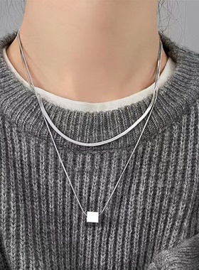 简约百搭双层叠戴方块项链男女轻奢小众设计感时尚冷淡风卫衣链潮