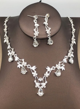 新娘婚纱礼服饰品韩式结婚简约水钻耳环项链两件套链配饰超仙