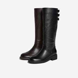 百思图2025冬季 通勤黑色骑士靴复古粗跟女高筒长靴B7621DG5 新款