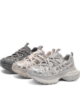 百丽Belle厚底银灰色老爹鞋女2024冬季复古运动休闲鞋子B2346AM5