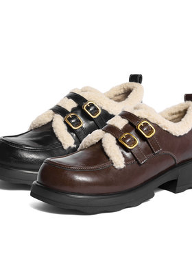 森达毛毛鞋女2025冬新商场同款学院风保暖加绒厚底牛津鞋XSL01DM5