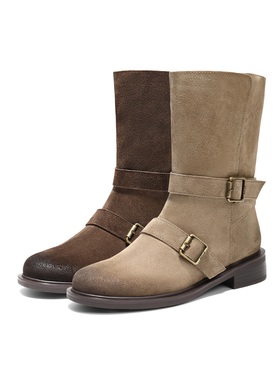 百丽复古反绒面中筒靴显瘦时装靴女鞋美拉德粗跟西部靴3QF65DG5