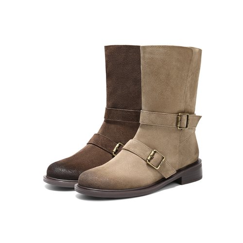 百丽复古反绒面中筒靴显瘦时装靴女鞋美拉德粗跟西部靴3QF65DG5