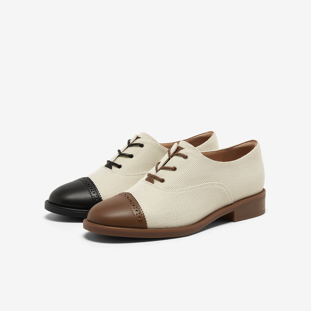 Bata牛津鞋女2025春新款英伦风羊皮粗跟软底布洛克小皮鞋ATA45AM5