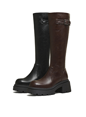 天美意粗跟骑士靴长靴女鞋子高筒时装靴皮靴25冬季新款KTX25DG5